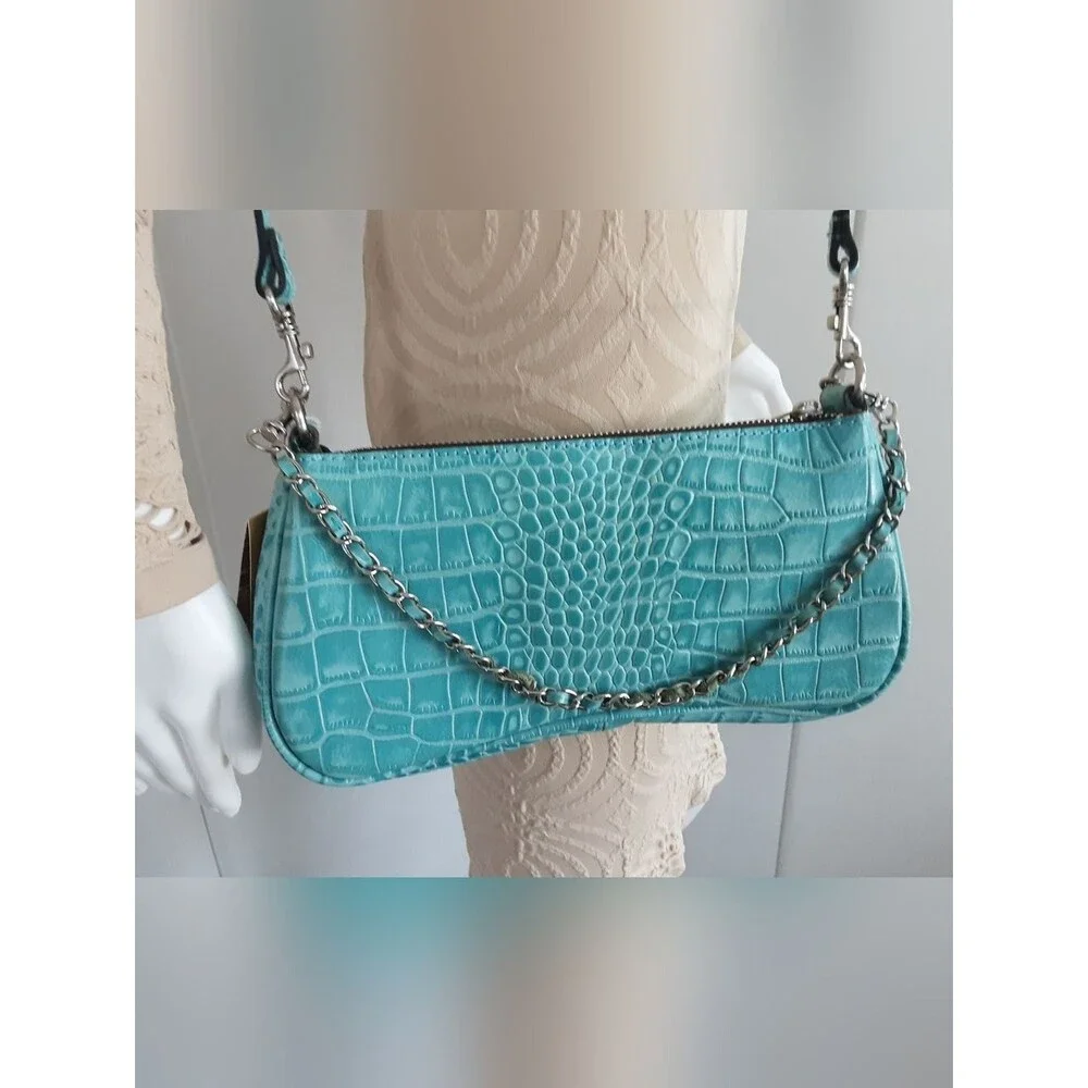 PATRICIA NASH Riley Aqua Croc Embossed Leather Baguette Crossbody - NWT